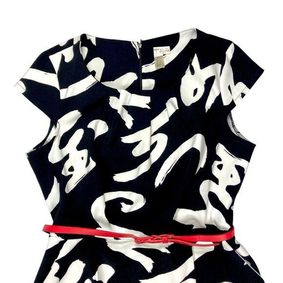 Emma & Michele Midi Dress Women 14 Black White Printed Belted 70s Classy Elegant - Picture 2 of 16